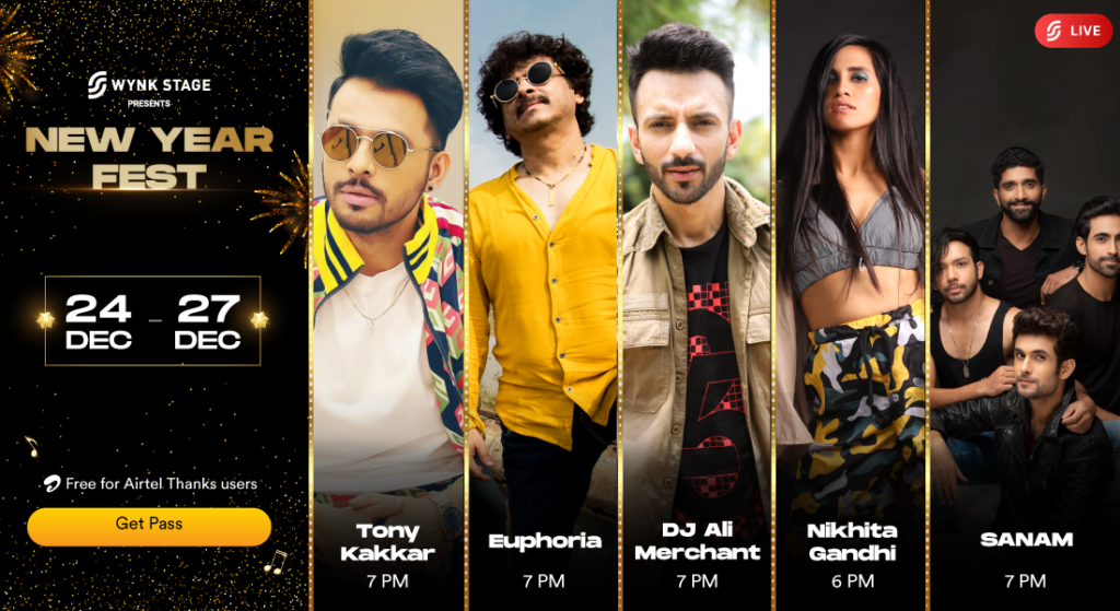 The biggest New Year party is coming to Wynk Music Join Tony Kakkar, Euphoria, Sanam, DJ Ali Merchant and Nikhita Gandhi as they perform LIVE on Wynk Stage from Dec 24-47 The biggest New Year party is coming to Wynk Music Join Tony Kakkar, Euphoria, Sanam, DJ Ali Merchant and Nikhita Gandhi as they perform LIVE on Wynk Stage from Dec 24-47