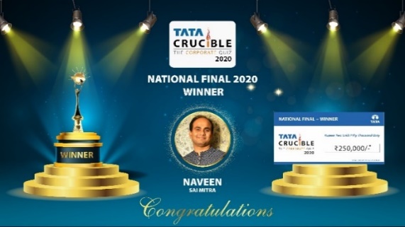 Naveen Kumar from Sai Mitra Constructions, Hyderabad wins the national finals Of the first ever online edition of Tata Crucible Corporate Quiz